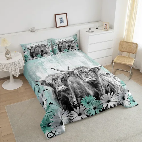Miniatura 5 de Erosebridal Highland Cow - Juego de edredón tamaño matrimonial, juego de ropa de cama de toro de cuerno largo occidental para niños y adultos, Verde