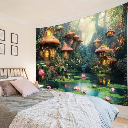 Miniatura 13 de HVEST Tapiz de bosque de cuento de hadas para colgar en la pared, estanque de lirios de agua, árboles mágicos, casas en el país de los sueños, tapiz