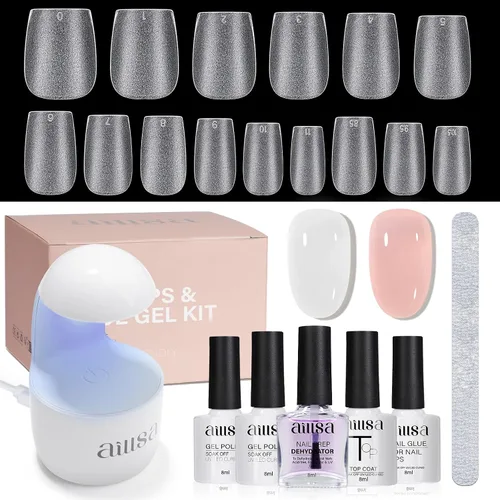 Miniatura 9 de AILLSA Kit de uñas almendra con lámpara UV, 240 piezas de puntas de uñas cortas de gel y kit de pegamento en gel con pegamento de uñas 2 en 1, capa