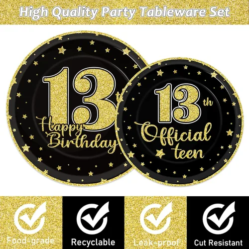 Miniatura 3 de Juego de vajilla de 96 piezas para cumpleaños número 13, platos desechables oficiales para adolescentes de 13 años, platos de fiesta de cumpleaños