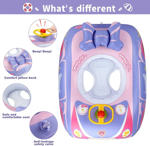 Miniatura 3 de Toddler Pool Float Inflatable Car Baby Swim Float with Adjustable Sun Canopy and Safety Seat Pool Toys for Kids 3+ Years Old