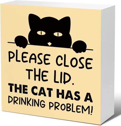 Miniatura 7 de LVQHI Divertidos carteles de madera para baño, decoración de escritorio de baño, decoración de escritorio de baño, cierre la tapa, el gato tiene un