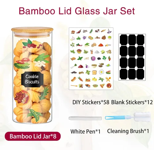 Miniatura 3 de BGraceyy 8 tarros de vidrio de 32 onzas con tapas de bambú, tarros apilables transparentes para almacenamiento de alimentos, recipientes herméticos