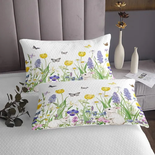 Miniatura 4 de Erosebridal Juego de colcha de conejo blanco, diseño de flores de tulipán amarillo, diseño rústico de mariposas, juego de edredón acolchado de Multi