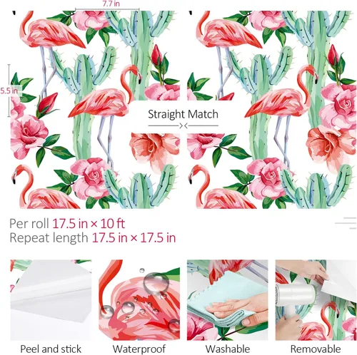 Miniatura 6 de ReWallpaper Papel tapiz de flamenco rosa con cactus tropical, para despegar y pegar, extraíble, de 17.5 x 10 pies, papel de contacto floral