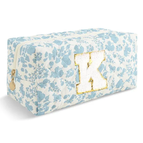 Miniatura 398 de Pequeña bolsa de maquillaje personalizada con inicial A-Z Preppy Patch, bolsa de cosméticos de viaje de felpilla blanca con cremallera, bonita bolsa