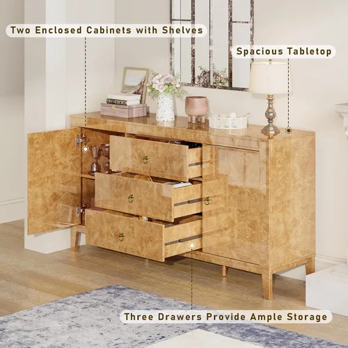 Miniatura 3 de LUXOAK Aparador Buffet de Madera Burl de Alto Brillo de 60'' Mesa Buffet con 3 Cajones y 2 Almacenamientos Cerrados, Aparador Moderno de Mediados