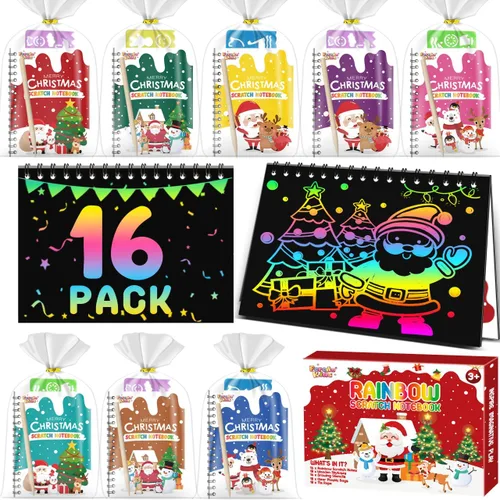 Miniatura 12 de Recuerdos de papel para rascar para fiestas para niños: paquete de 16 cuadernos de rayas arcoíris, bolsas de regalo, libros para colorear, recuerdos