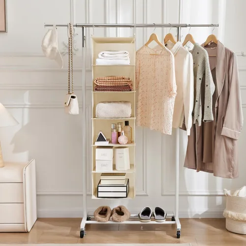 Miniatura 4 de MAX Houser Organizador colgante de armario de 6 niveles, estante colgante de tela con 2 ganchos resistentes para almacenamiento, plegable (beige)