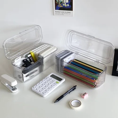 Miniatura 3 de Organizador de bolígrafos transparente con tapa, caja de almacenamiento de accesorios de cajón de escritorio de plástico para oficina en casa