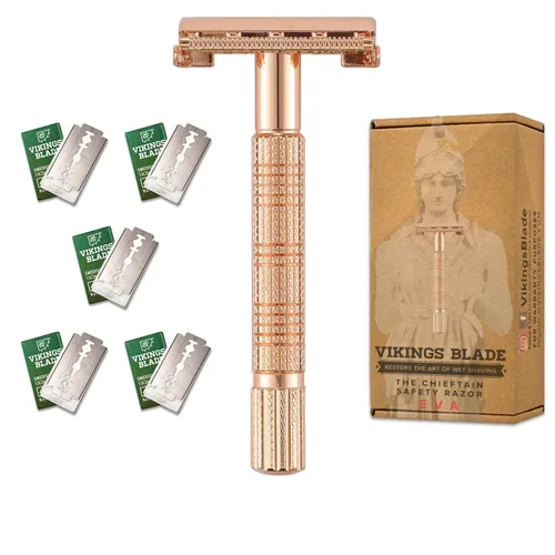 VIKINGS BLADE Maquinilla de afeitar de seguridad para mujer + 5 cuchillas de acero suecas. Cabezal de liberación rápida, doble filo. Suave, Oro rosa