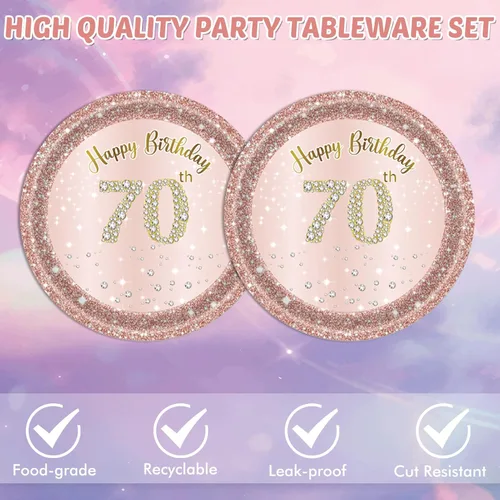 Miniatura 3 de Decoraciones de cumpleaños número 70 para mujer, decoraciones de cumpleaños número 70, platos y servilletas de oro rosa, decoraciones de cumpleaños