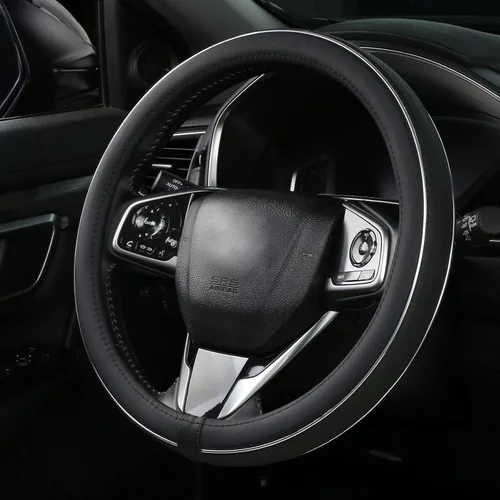 Miniatura 3 de ALEMODR Funda de cuero negro para volante de coche, cubierta universal de 15 pulgadas para hombres