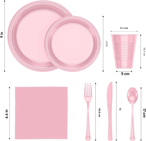 Miniatura 2 de 350 piezas de platos de plástico rosa para fiestas, juego de platos desechables rosados, 50 de cada plato de cena de 9 pulgadas, plato de postre