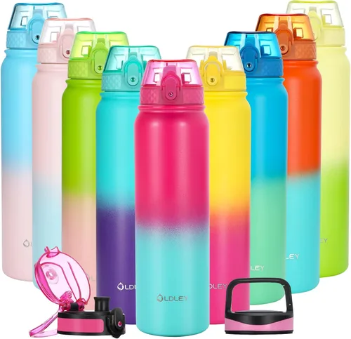 Miniatura 6 de Oldley Botella de Agua Aislada con Pajilla de 20oz, Botellas de Agua de Acero Inoxidable con 3 Tapas, Aislamiento al Vacío de Doble Pared Térmica