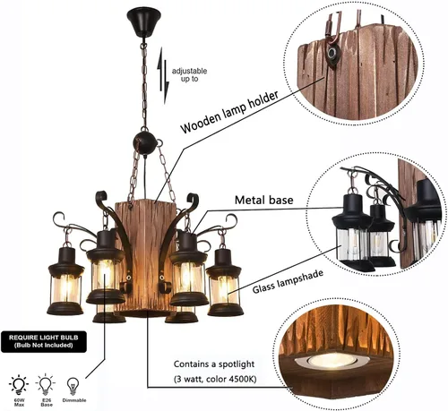Miniatura 6 de OUKANING Lámpara colgante de madera envejecida, estilo retro, rústica, línea de luz de techo de suspensión industrial que se puede ajustar para mesa