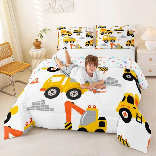 Miniatura 5 de Feelyou Juego de edredón de coche de dibujos animados para niños, edredón de construcción para niños, juego de ropa de cama de camiones y equipos