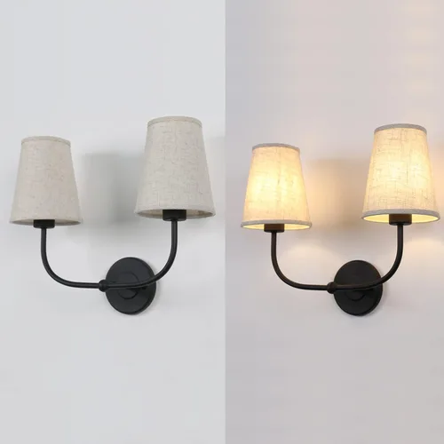Miniatura 8 de Apliques de pared de 2 luces con embudo de tela de lino, lámparas de pared de doble luz para dormitorio, sala de estar, tocador, baño, pasillo, Negro