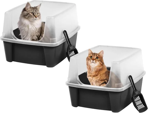 IRIS USA - 2 Pack Caja de arena para gatos grande de tapa abierta con lados altos, escudo antidesperdicio y pala, color negro, para gatos de