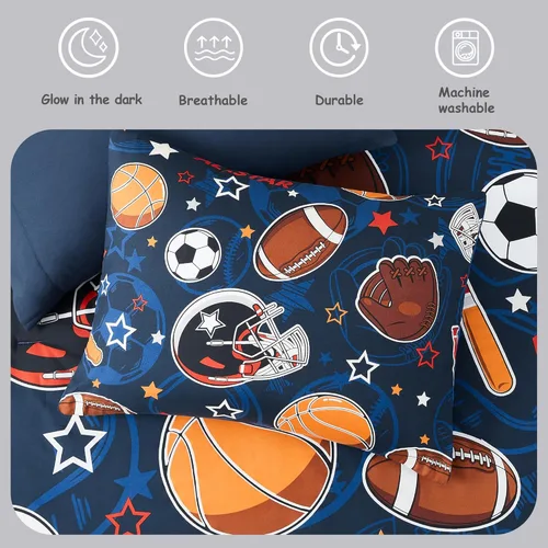 Miniatura 5 de Kaleido Space - Juego de edredón para niños tamaño individual de 5 piezas, con temática de deportes que brilla en la oscuridad, incluye sábanas
