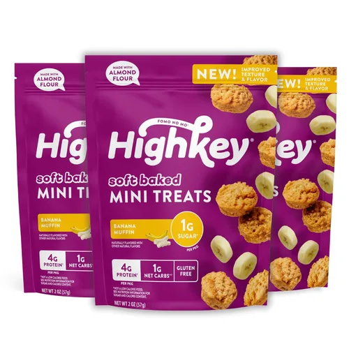 HighKey Muffins de plátano bajos en azúcar, bocadillos keto bajos en carbohidratos de 2 onzas, paquete de 3, mini magdalenas sin gluten con fibra de