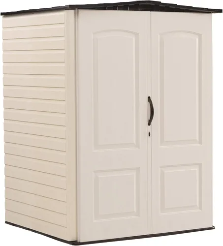Rubbermaid Cobertizo de almacenamiento vertical grande de resina para exteriores con suelo (5 x 6 pies), resistente a la intemperie, marrón, Marrón