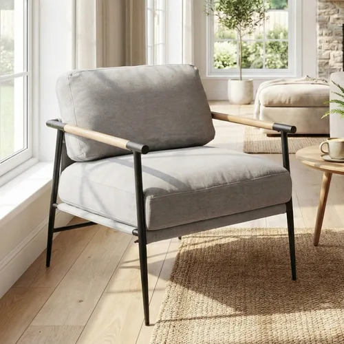 Miniatura 17 de DUOMAY Silla moderna de mediados de siglo, sillón de piel sintética marrón, silla de dormitorio con patas de metal para sala de estar, lectura