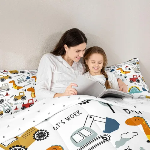 Miniatura 6 de Feelyou Juego de ropa de cama de construcción para niños, tamaño queen, niños, dinosaurios de dibujos animados, juego de funda de edredón para Multi