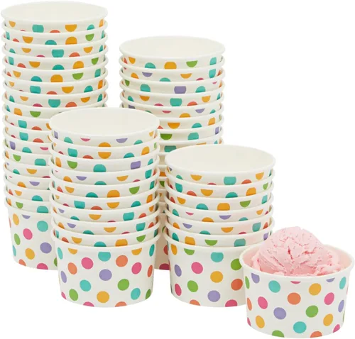 Miniatura 9 de BLUE PANDA Vasos de papel para helado, 50 unidades, diseño de lunares arcoíris, desechables para helados y aperitivos, cuencos de helado, tazas