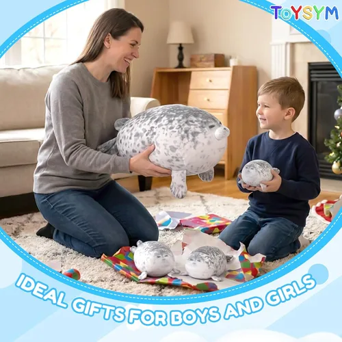 Miniatura 5 de TOYSYM - Almohada de foca gordita de peluche linda con 4 peluches bebés en su barriga, juguete de animales de algodón suave para regalos para niños