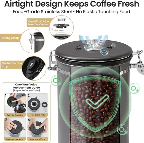 Miniatura 4 de Veken Recipiente para café, 39OZ grande, contenedor hermético de acero inoxidable para almacenamiento de alimentos para 2.2lbs de café en grano, Gris