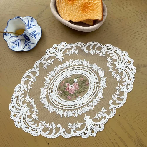 Miniatura 8 de Paquete de 2 manteles individuales de encaje estilo francés retro bordados de moda para jarrón de 12 x 16 pulgadas (pasta de frijoles en polvo)