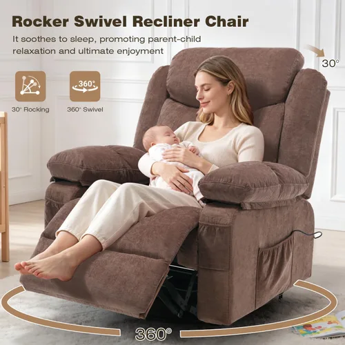 Miniatura 5 de Silla reclinable giratoria, sillas reclinables de masaje de tela con calor para adultos, sofá reclinable de gran tamaño, manual para cine en casa