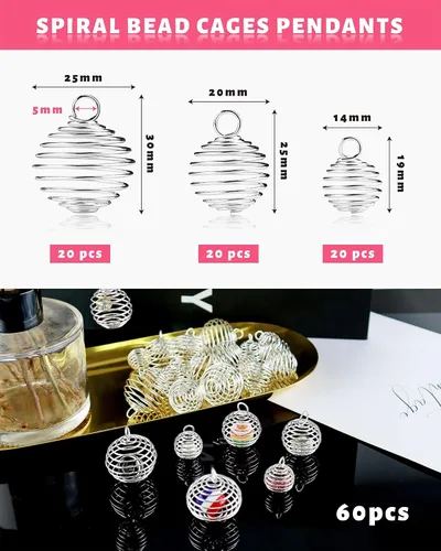 Miniatura 2 de JIALEEY Colgantes de jaulas de cuentas en espiral, 60 unidades, 3 tamaños, chapado en plata, soporte para collar, jaula, hallazgos para fabricación