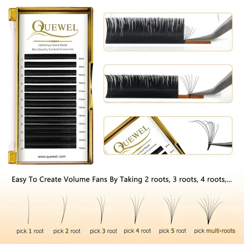 Miniatura 4 de QUEWEL - Extensiones de pestañas de abanico fácil 0.07mm, rizado C, extensiones de pestañas de 8-15mm, bandejas de pestañas mixtas, mate negro