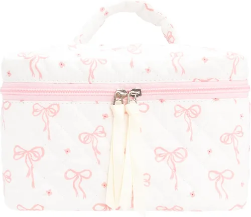 PAZIMIIK - Bolsa de maquillaje de algodón para mujer, grande, acolchada para viaje, Rosa (Bow Pink), Vintage