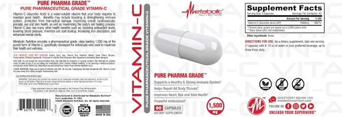 Miniatura 4 de Metabolic Nutrition Vitamina C, 1500 mg, grado farmacéutico puro, cápsulas de ácido ascórbico de alta absorción (90 cápsulas)