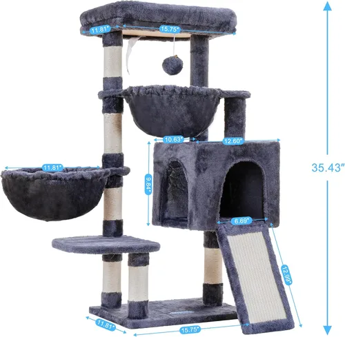Miniatura 3 de Hey-brother Árbol para gatos, torre para gatos de interior, casa para gatos con cama acolchada grande, acogedor condominio, hamacas, postes Gris