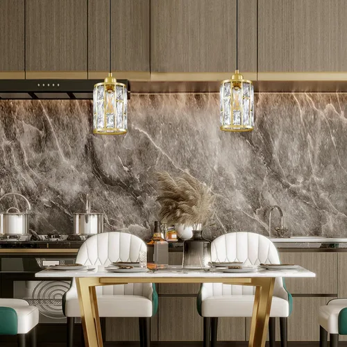 Miniatura 5 de Paquete de 3 colgantes de isla de cocina con pantalla de cristal de 5.4 pulgadas, acabado dorado claro, moderno con pantalla de metal de cristal