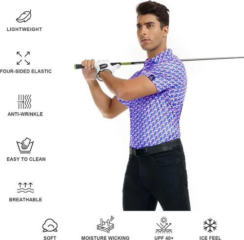 Miniatura 33 de DEOLAX Camisa de golf para hombre, con estampado de moda, atlética, de manga corta, clásica, casual, ajuste seco, suave, para hombres