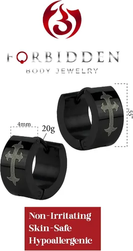 Miniatura 2 de Forbidden Body Jewelry Aretes de aro anchos de acero inoxidable con cruz romana medieval, color negro, semimate, para hombre, Metal