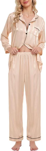 Miniatura 2 de SWOMOG - Pijama de satén de seda para mujer, conjunto de dos piezas con botones, ropa de dormir