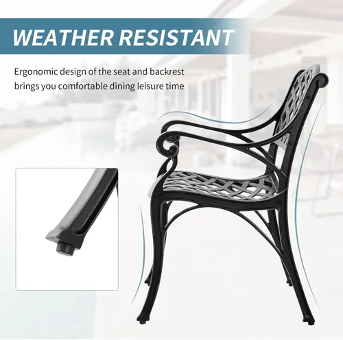 Miniatura 4 de Juego de 2 sillas de comedor de aluminio fundido para exteriores, juego de sillas de bistró para patio con reposabrazos, sillas de comedor
