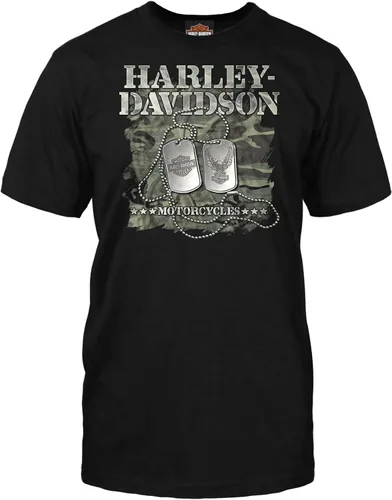 Harley-Davidson Military - Camiseta gráfica de manga corta para hombre - Tour en el extranjero Etiquetas para perros, Negro, talla única