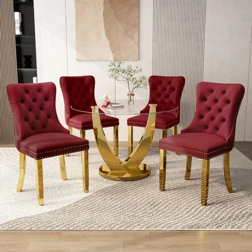 Miniatura 22 de Juego de mesa de comedor redonda de vidrio de 38.9 pulgadas para 4, mesa de cocina redonda dorada con 4 sillas decorativas de terciopelo tapizadas