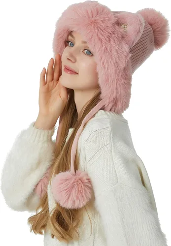 Miniatura 5 de HUAMULAN - Gorro de invierno para mujer estilo peruano con forro polar, solapas para orejas, doble capa, con pompones