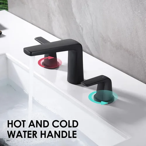 Miniatura 3 de Grifo de baño extendido de 8 pulgadas con 2 manijas, 3 orificios, con ensamblaje de desagüe emergente y líneas de suministro de agua (Negro)