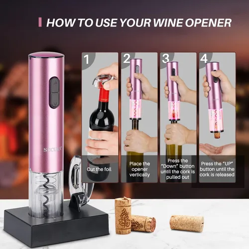 Miniatura 3 de Secura Abridor de vino eléctrico, sacacorchos eléctrico automático de botellas de vino con cortador de papel de aluminio, recargable (oro rosa)