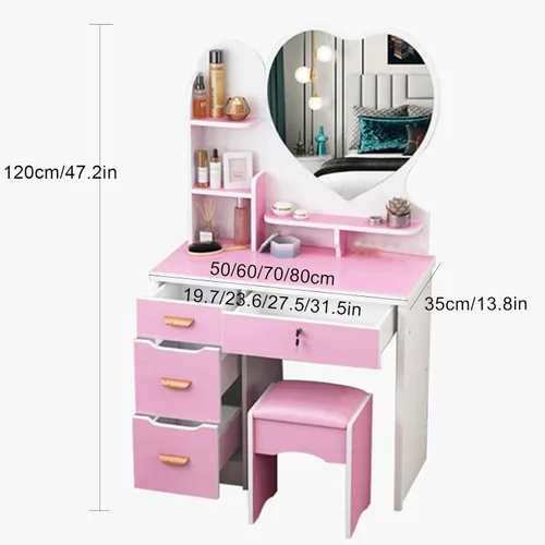 Miniatura 7 de QQXX Juego de tocador grande con espejo, tocador de maquillaje con estantes de almacenamiento y 4 cajones, taburete acolchado para dormitorio