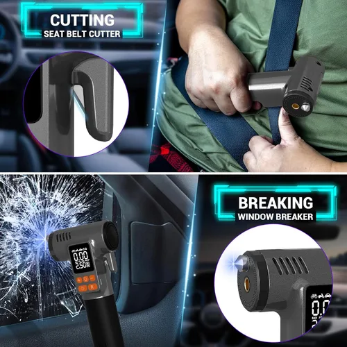 Miniatura 3 de Inflador de Neumáticos para Coche con Rompeventanas y Cortador de Cinturón de Seguridad: Bomba de Aire de 180 PSI - Compresor de Aire Portátil